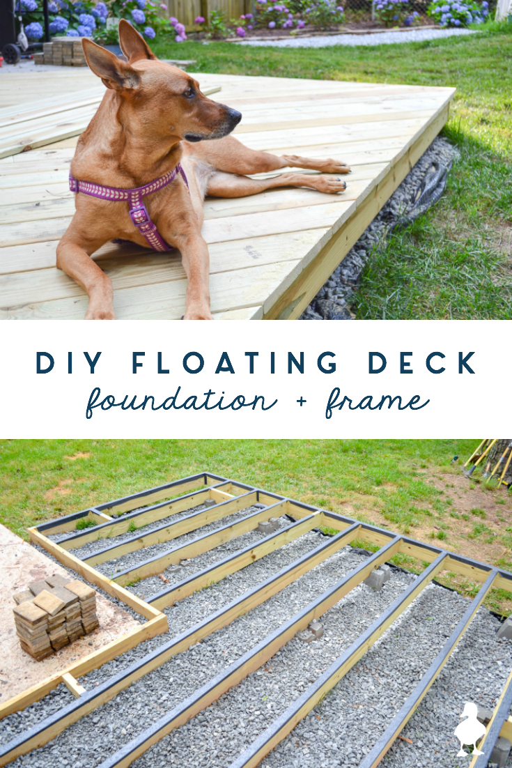 How to build a DIY floating deck (aka ground level deck) that is on a slope and partially over concrete - SO MUCH covered in what you need to know! The foundation and framing are the most important part: ground contact lumber, how to deal with a sloping yard, how to drill through concrete, how to keep water out and prevent wood rot, and so much more. #diy #deck #floatingdeck #groundlevel #construction #woodworking #outdoor #build #deckdesign #groundleveldeck #foundation #framing