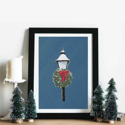 christmas lamppost cross stitch in black frame