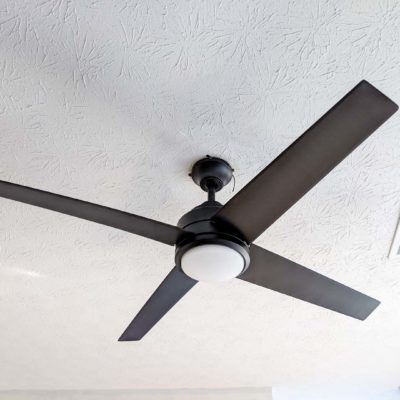 master suite progress - black ceiling fan