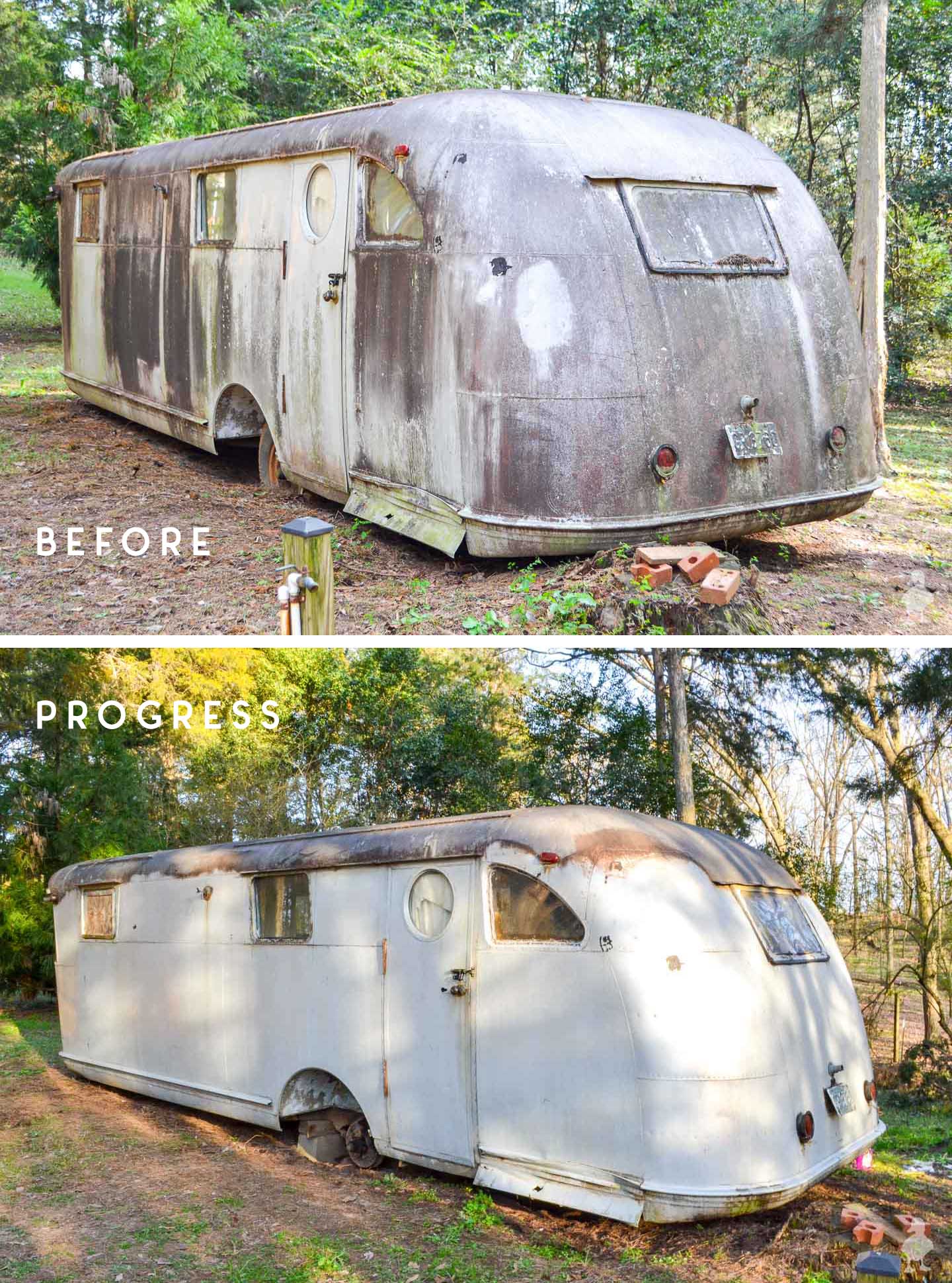before and after of rear and side of travel trailer