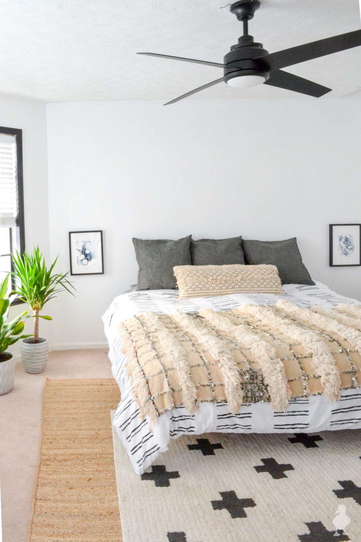 master bedroom - white bedding and walls - future feature wall