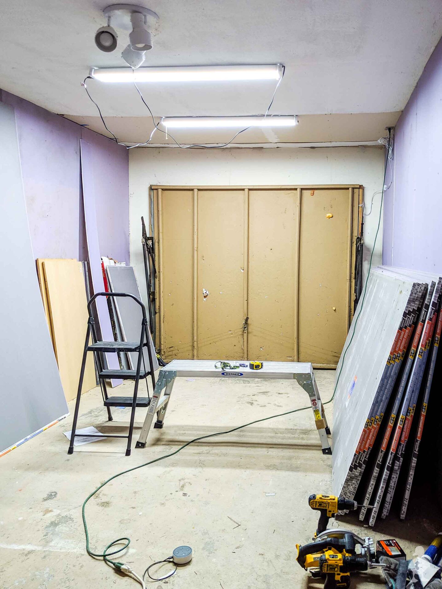 garage workshop makeover - progress with new drywall