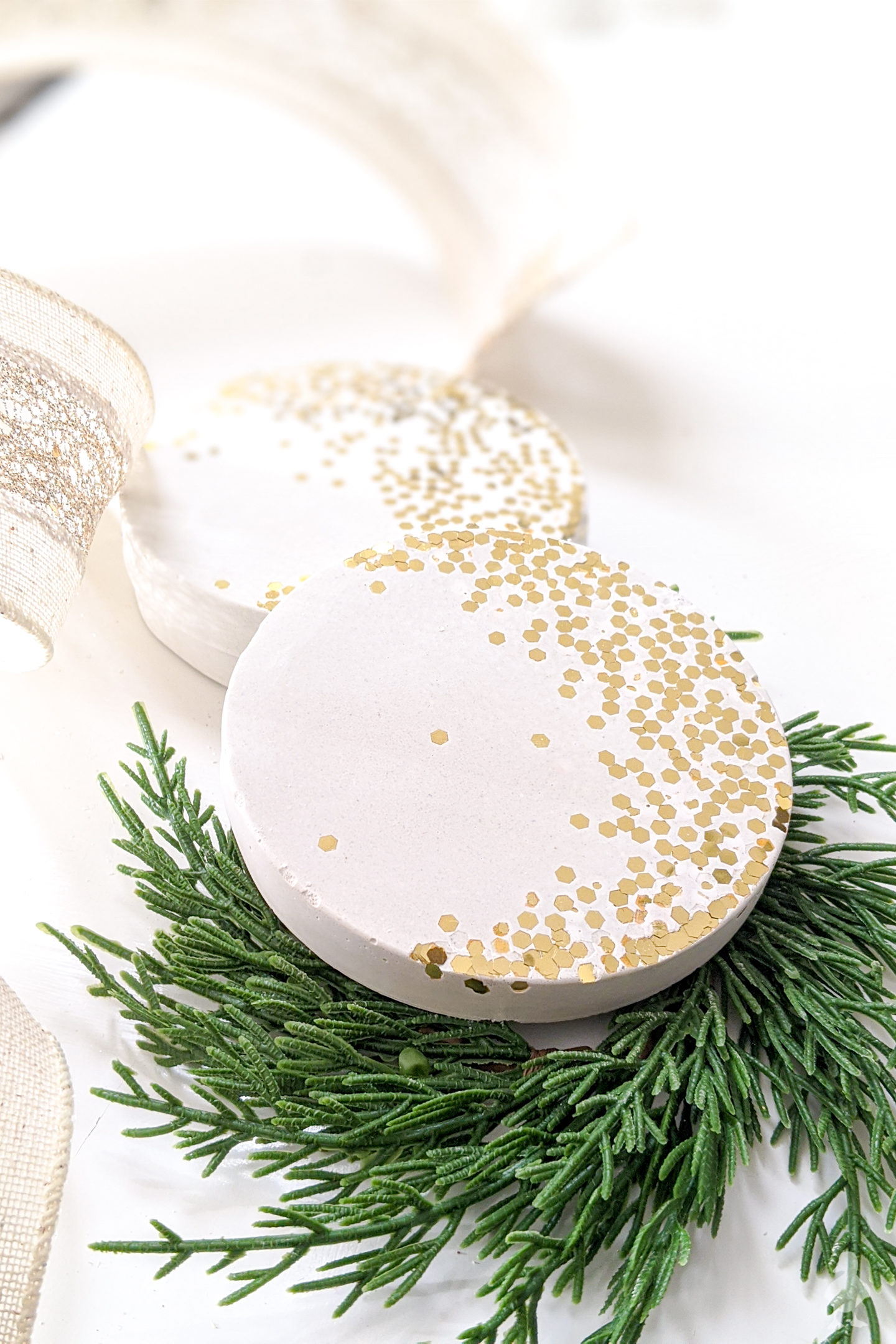 Gold confetti and white concrete coasters