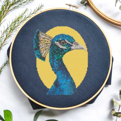 peacock on yellow cross stitch pattern