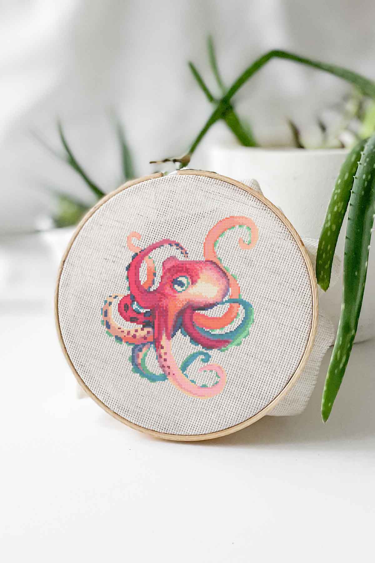 coral and teal octopus cross stitch